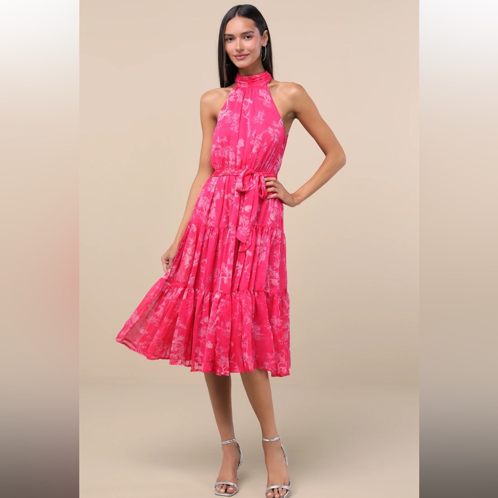 New/Never worn: Lulu's Vibrant Pink Floral Midi Dress - Large